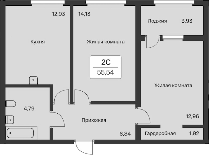 2-комнатная квартира 55.54 м², 8/11 эт., ЖК «Расцветай в Янино»